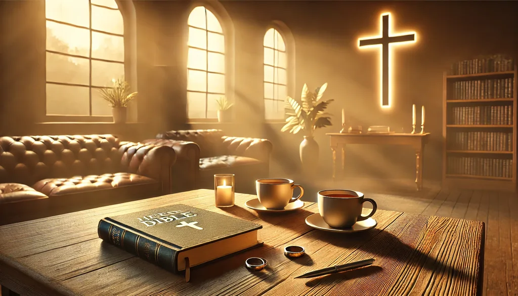 Setting: A quiet church sanctuary or counseling room with warm, inviting lighting. Main Elements: A wooden table with two cups of tea or coffee, suggesting a welcoming conversation. An open Bible beside a journal and a pen, representing faith, reflection, and guidance. A pair of wedding rings placed apart on the table, subtly symbolizing divorce. A softly glowing cross on the wall in the background, signifying hope, healing, and God’s presence. A large window showing a sunrise, symbolizing a new beginning after pain. The overall atmosphere will be peaceful, warm, and reflective, emphasizing the ministry's role in providing healing and guidance after divorce.